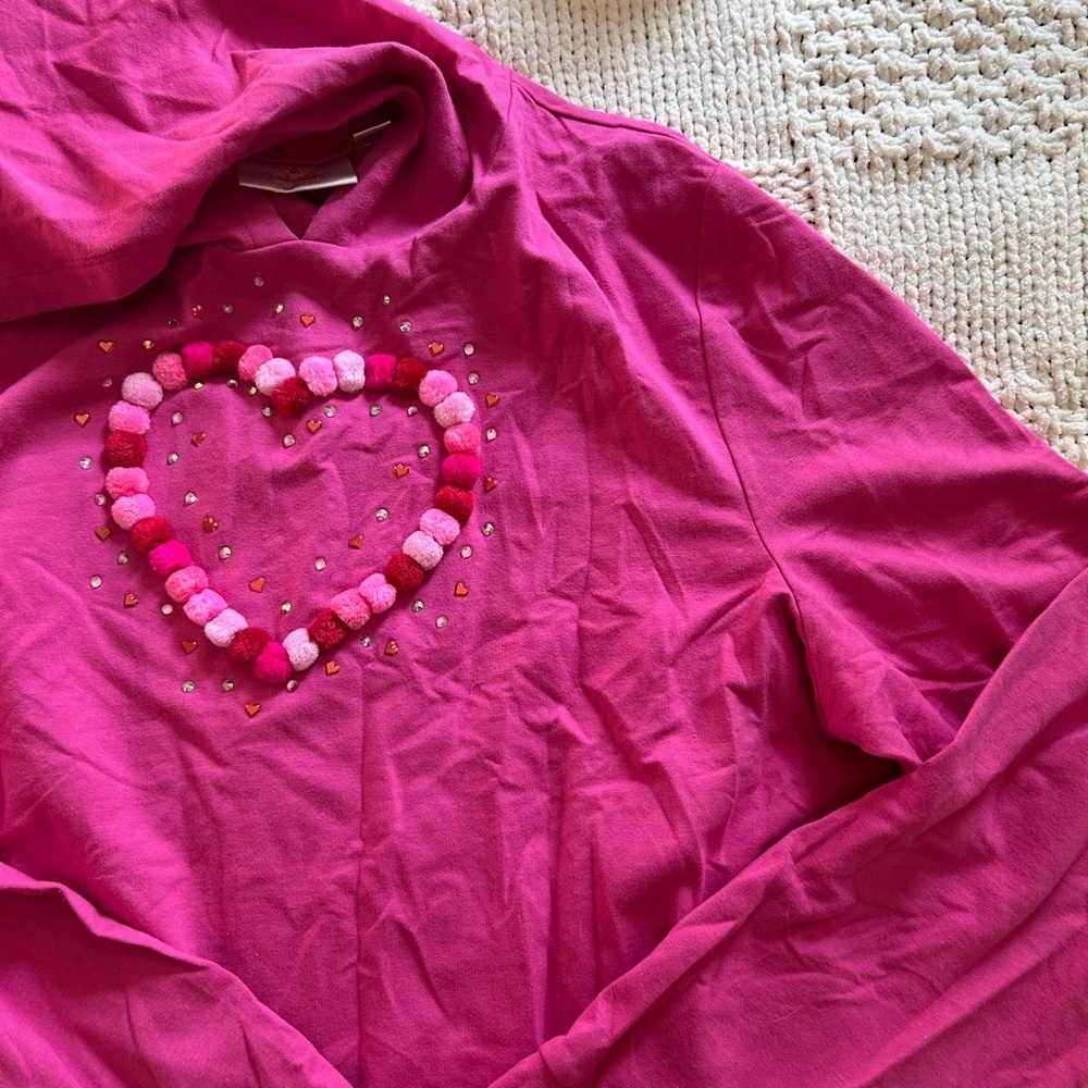 Quacker Factory Hot Pink Beaded Hoodie Heart Pom Poms
